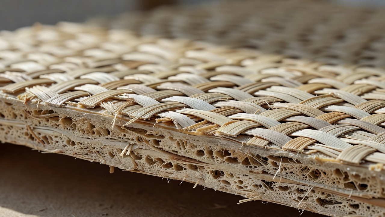 Shallow-focus close-up of woven natural flax fibre laminate layered over a foam core at the edge of a board