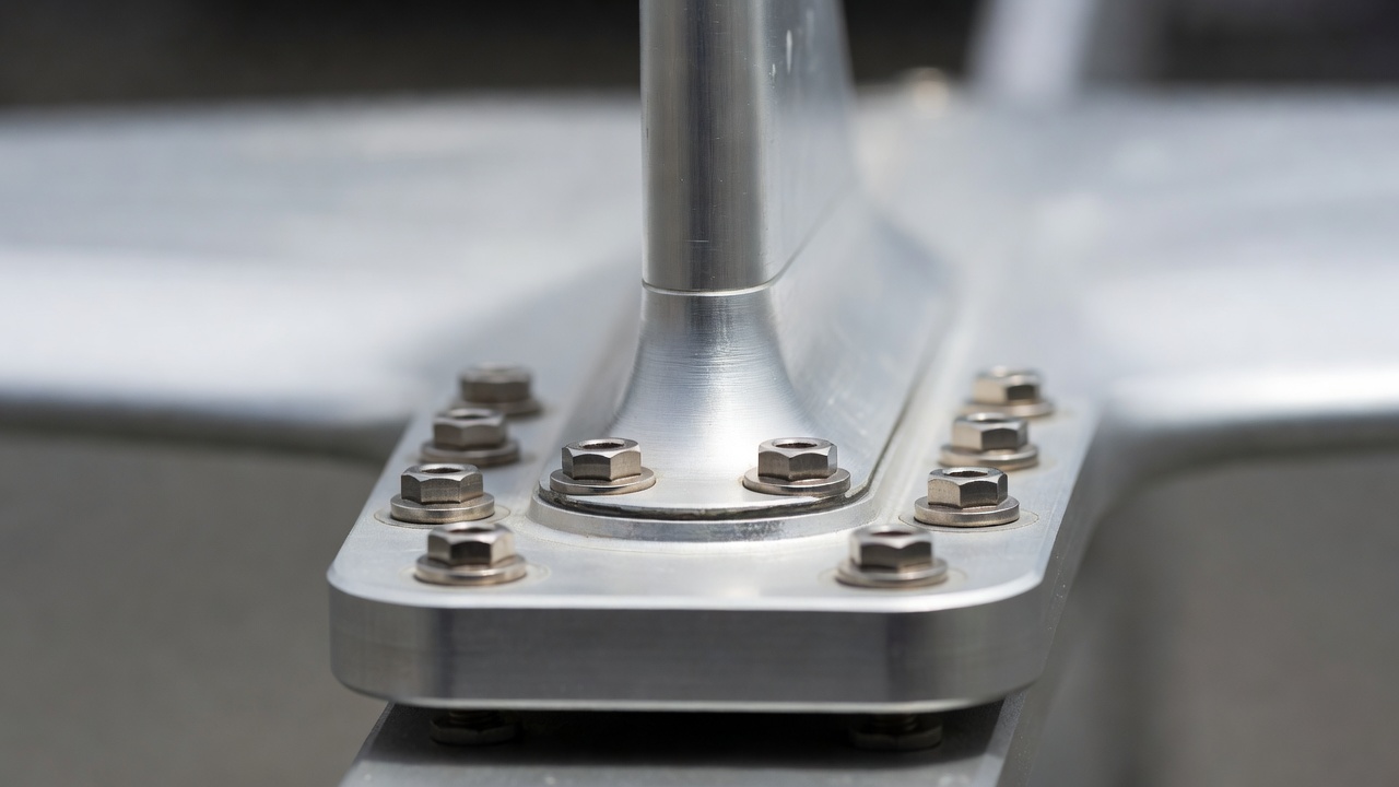 Close-up of stainless bolts fixing an aluminium hydrofoil mast to its baseplate, with shallow depth of field