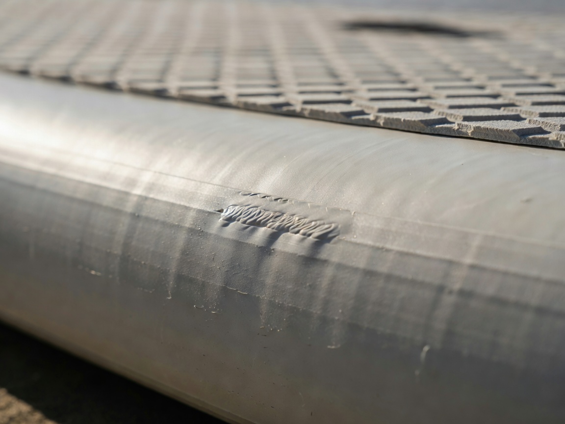 Close-up of the bonded rail seam on an inflatable paddleboard, with the deck pad blurred behind