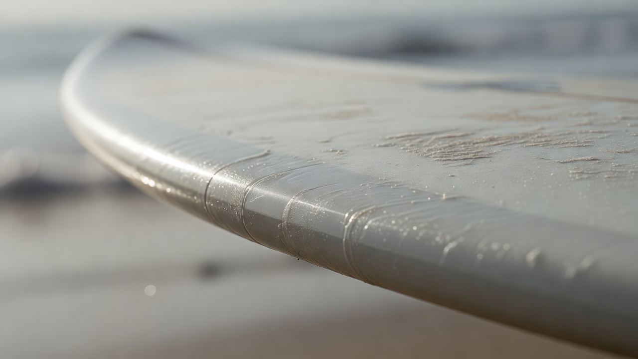 Macro photograph of a hard, low surfboard rail edge near the tail, with the nose fading into blur