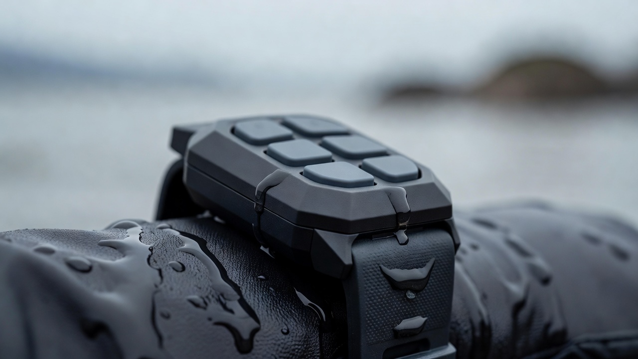 Shallow depth-of-field close-up of a waterproof wrist-worn remote control with a wet rubber strap