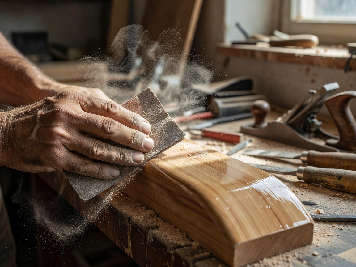 Close-up of a hand sanding a freshly laminated board rail in a workshop, with dust and tools blurred behind
